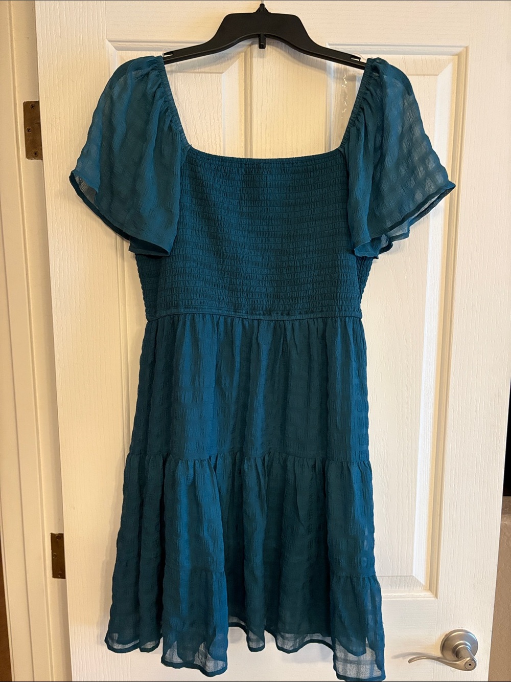 Rewind Teal Puff Sleeve Smocked Mini Dress